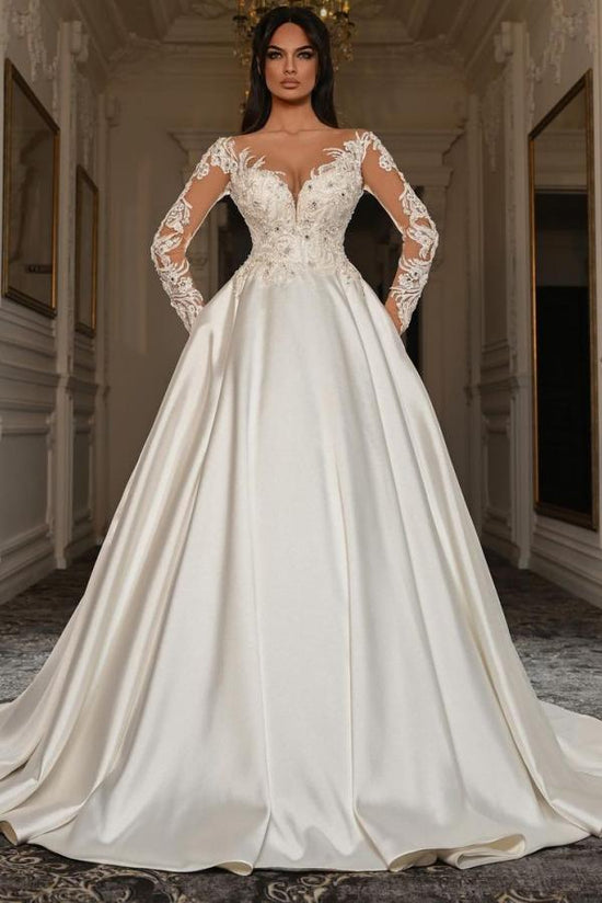 Elegant Long Sleeves A-line Sweetheart Satin Lace Wedding Dresses with Pockets