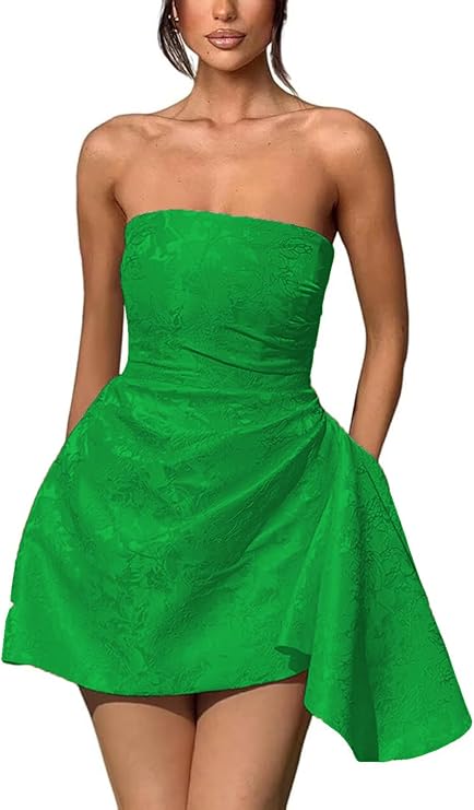 A-line Strapless Sleeveless Short Homecoming Dress Jacquard Satin Asymmetrical Lace up Party Dresses