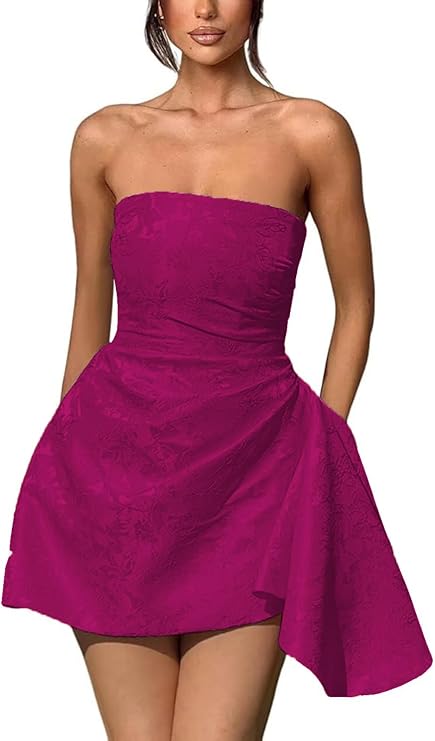 A-line Strapless Sleeveless Short Homecoming Dress Jacquard Satin Asymmetrical Lace up Party Dresses