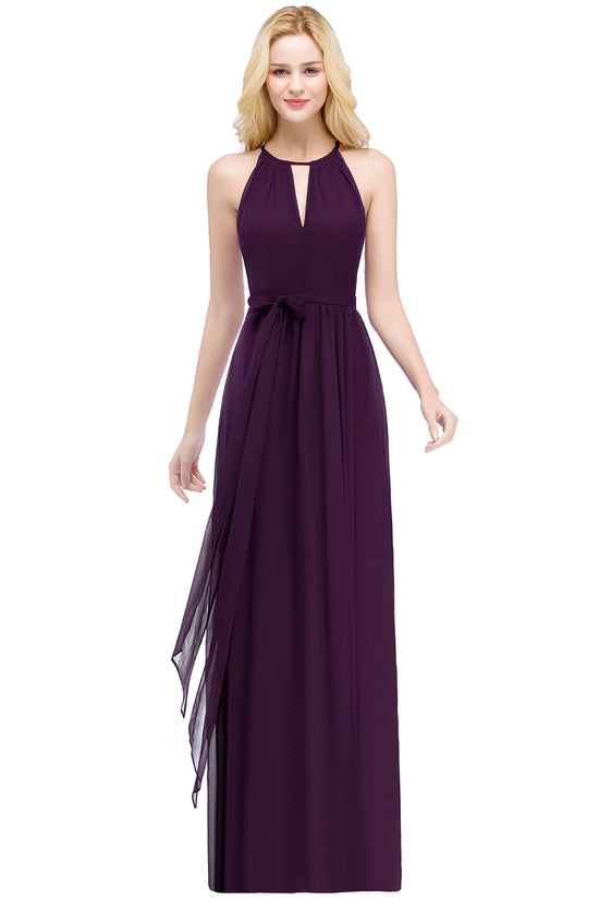 Long A line Halter Ruffle Floor Length Chiffon Bridesmaid Dress