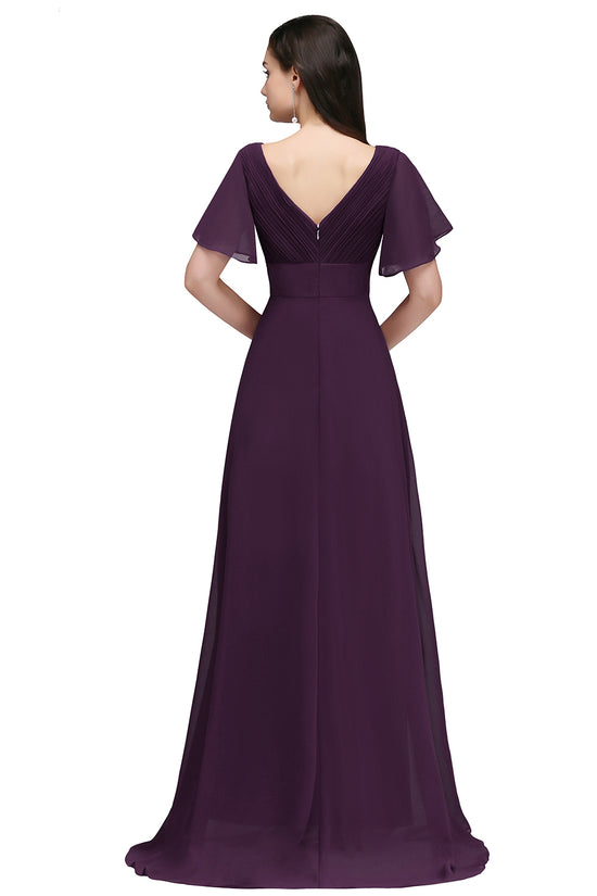 Elegant A Line Poet Sleeves Ruffle Chiffon V-Neck Long Bridesmaid Dress