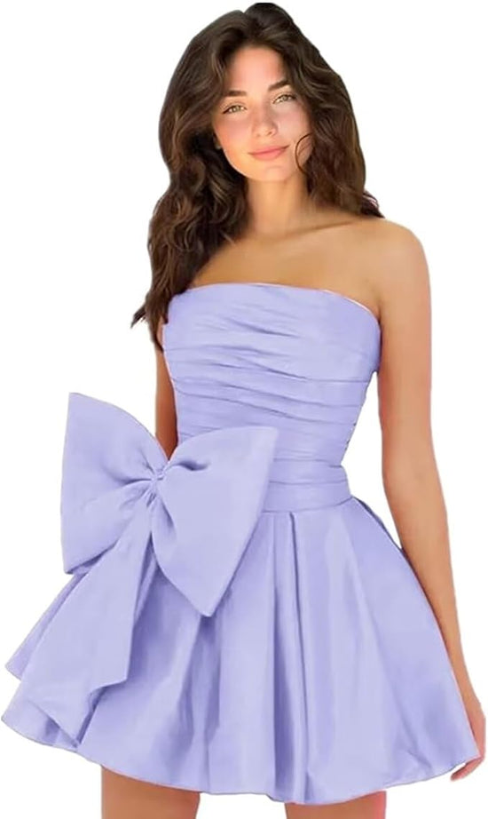 Chic Short Homecoming Dresses A-line Sleeveless Strapless Ruched Lace Up Party Dresses with Bow