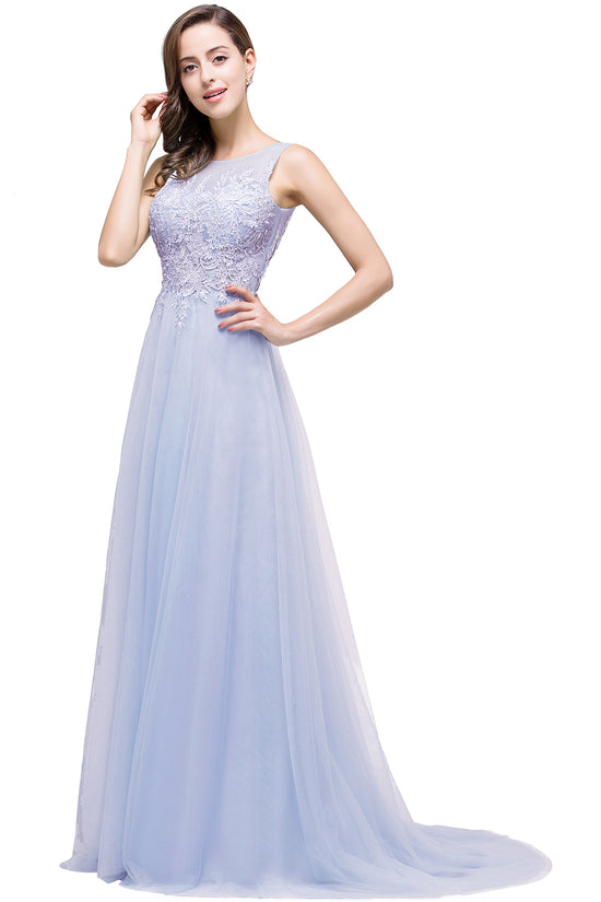 Round Neck Tulle A line Long Sleeveless Lace Appliques Bridesmaid Dress