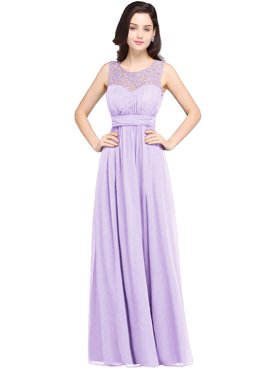 Elegant Long A Line Round Neck Chiffon Floor Length Formal Dresses