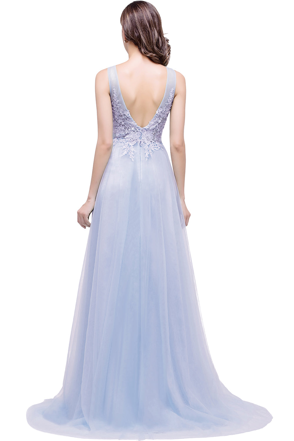 Round Neck Tulle A line Long Sleeveless Lace Appliques Bridesmaid Dress