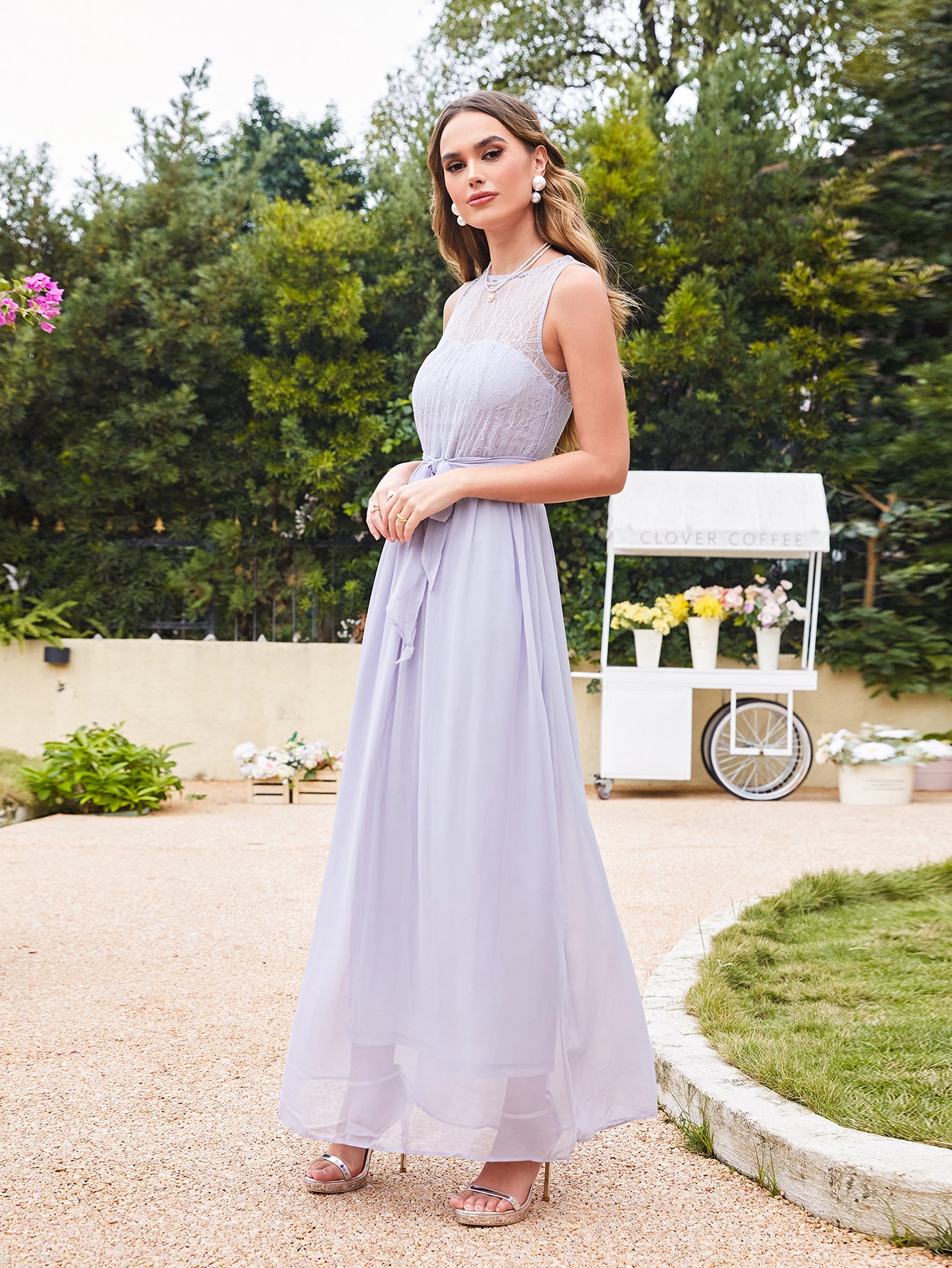 Off The Shoulder Round Neck Chiffon Long Bridesmaid Dress with Floral Lace and Ruffle