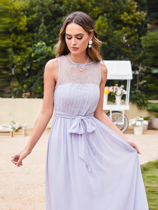 Off The Shoulder Round Neck Chiffon Long Bridesmaid Dress with Floral Lace and Ruffle