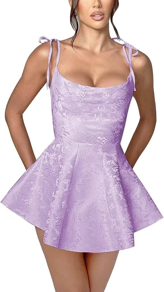 A-line Short Homecoming Dress Spaghetti Straps Satin Sleeveless Party Dress Jacquard Party Dresses