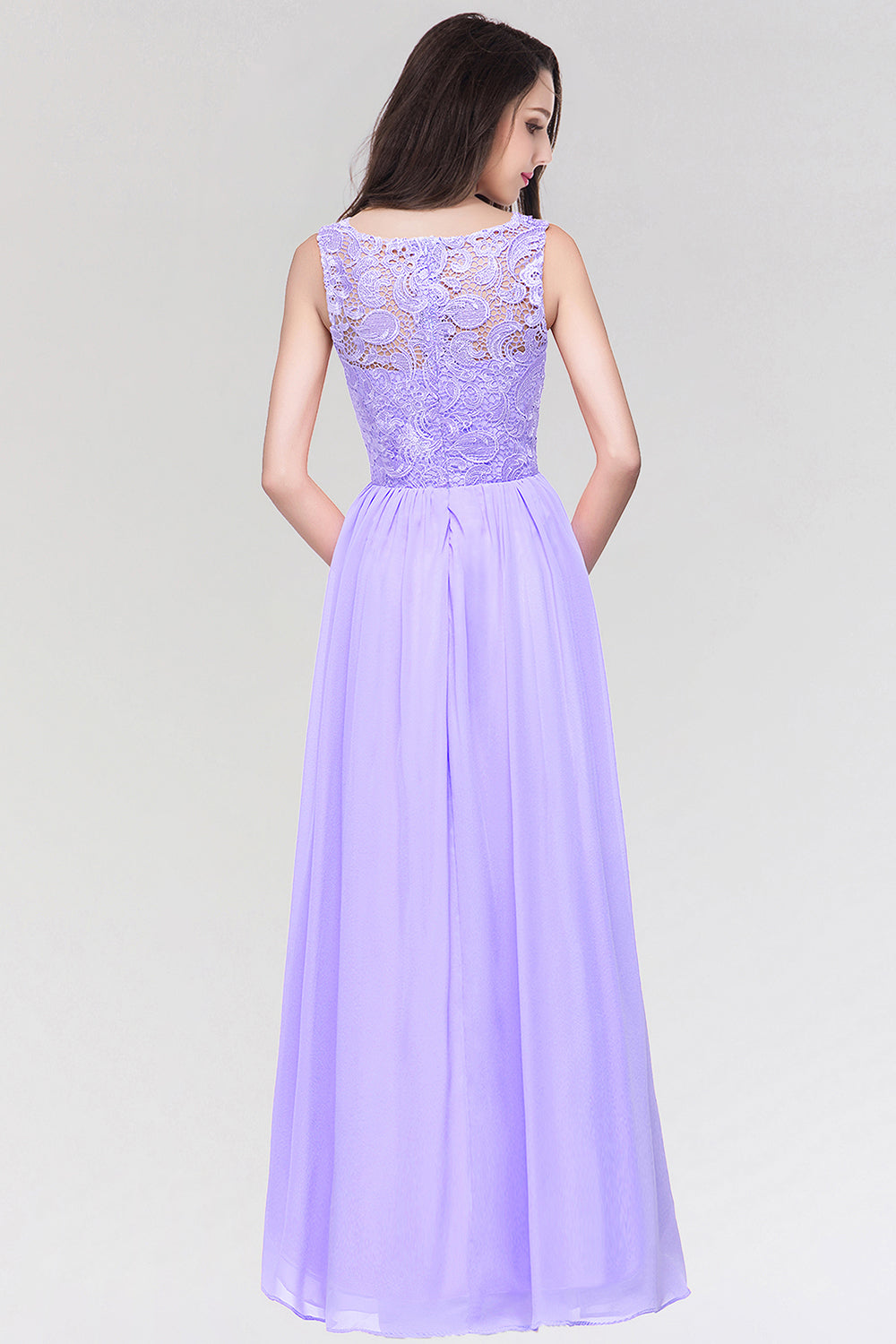 Stylish Long Chiffon Lace Sleeveless A Line Ruched Bridesmaid Dress