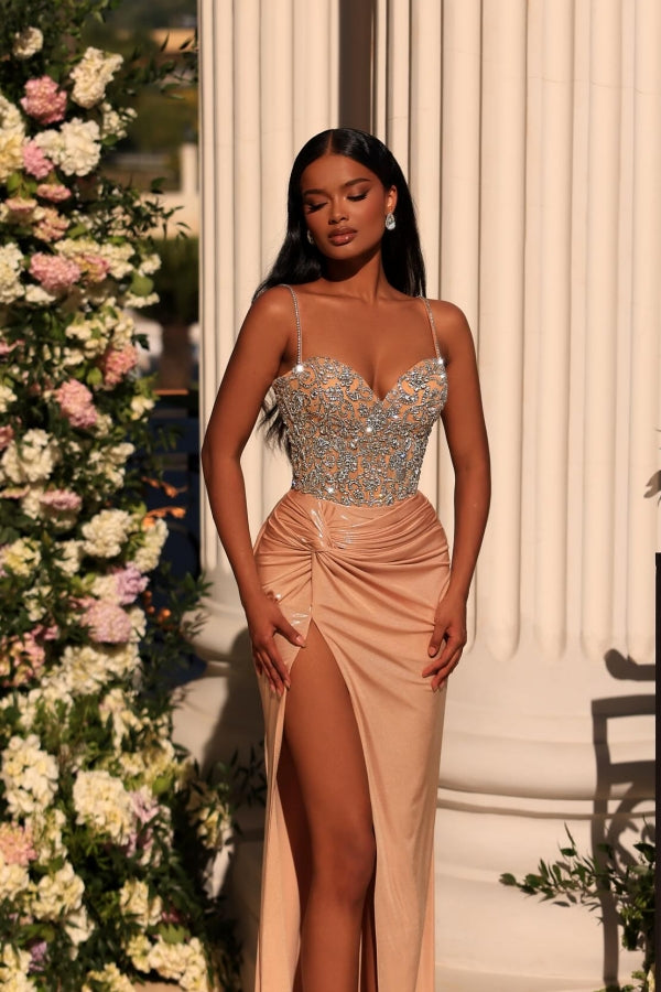 Long Mermaid Spaghetti Straps Sweetheart Satin Prom Dress With Slit