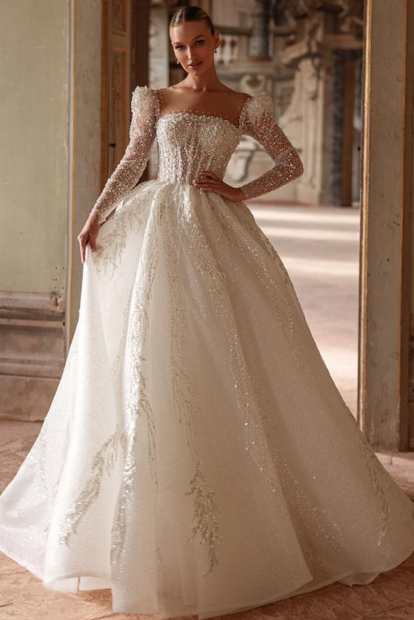 Luxurious Long Ivory A Line Square Neck Lace Beading Wedding Dress With Sleeves