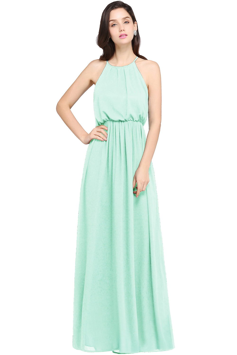 Casual Long A Line Halter Chiffon Floor Length Bridesmaid Dress