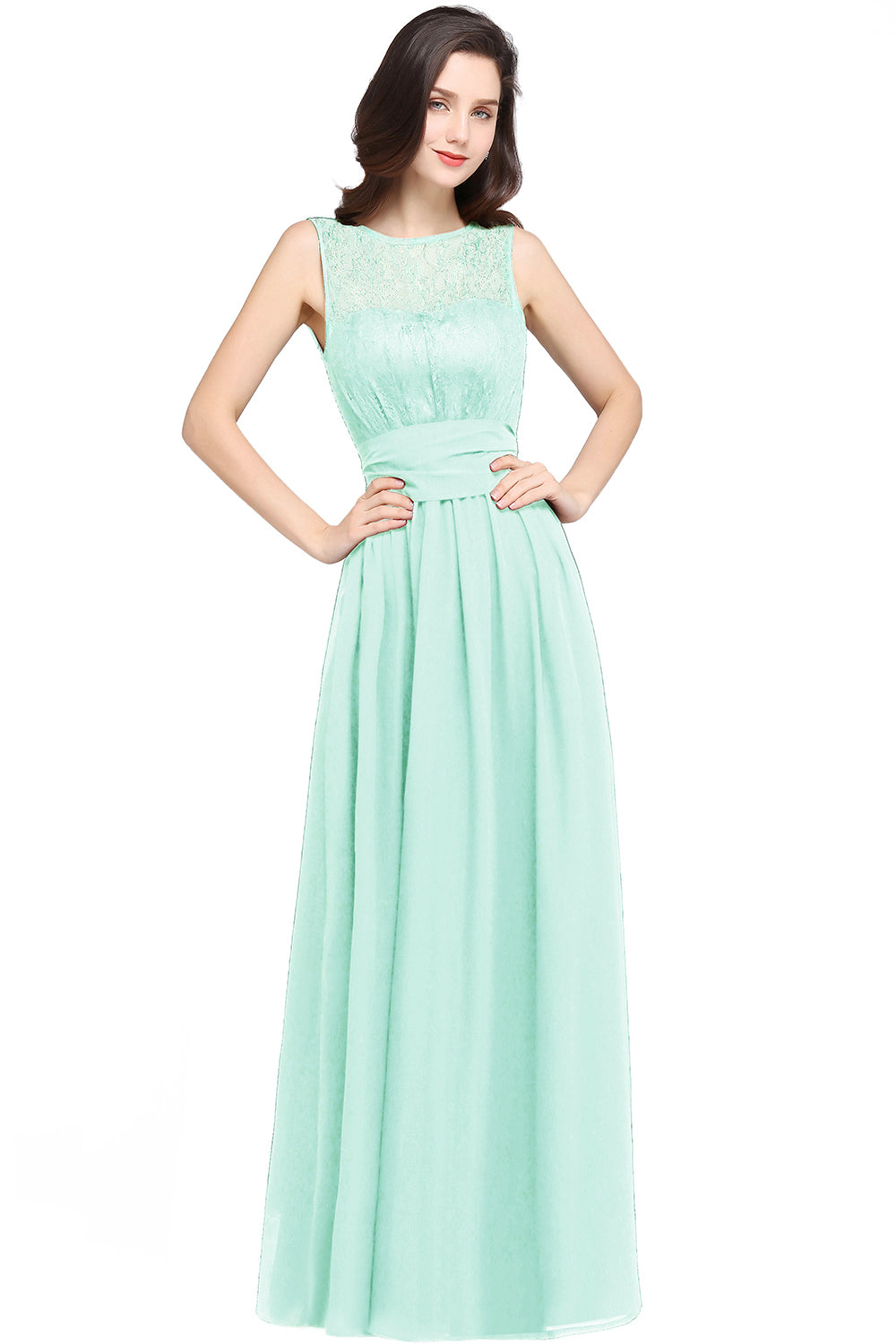 Off The Shoulder Round Neck Chiffon Long Bridesmaid Dress with Floral Lace and Ruffle