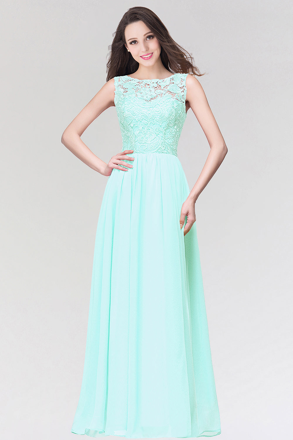 Stylish Long Chiffon Lace Sleeveless A Line Ruched Bridesmaid Dress