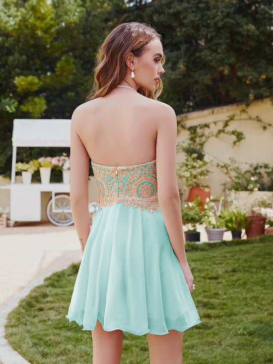 A-Line Strapless Short Chiffon Prom Dresses with Beadings