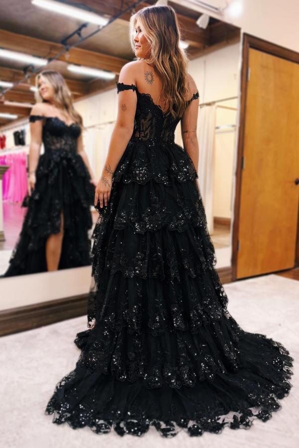 Long Off-the-Shoulder Black Lace A-line Evening Prom Dress with Side Split