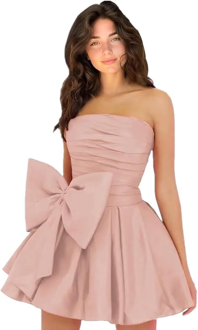 Chic Short Homecoming Dresses A-line Sleeveless Strapless Ruched Lace Up Party Dresses with Bow