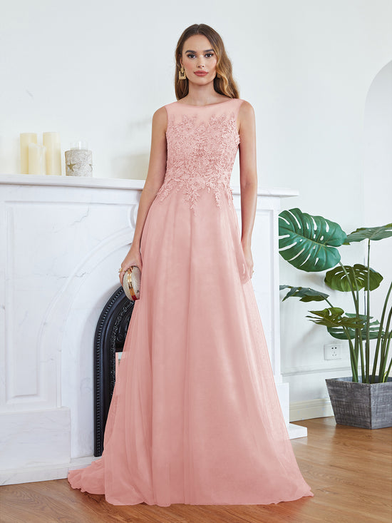 Round Neck Tulle A line Long Sleeveless Lace Appliques Bridesmaid Dress