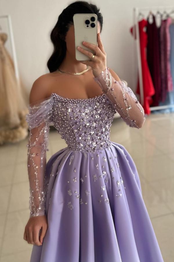 Purple Off The Shoulder Long Sleeve A-Line Prom Dress with Rhinestones and Beads