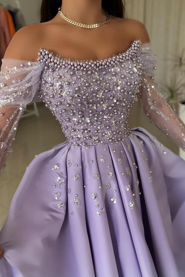 Purple Off The Shoulder Long Sleeve A-Line Prom Dress with Rhinestones and Beads