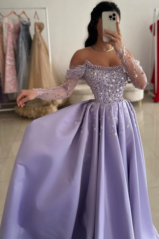 Purple Off The Shoulder Long Sleeve A-Line Prom Dress with Rhinestones and Beads