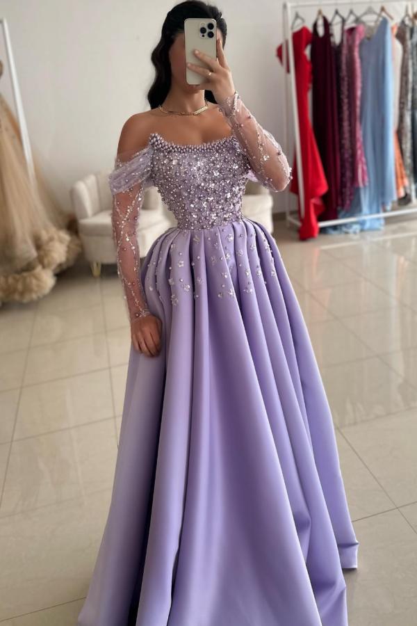 Purple Off The Shoulder Long Sleeve A-Line Prom Dress with Rhinestones and Beads