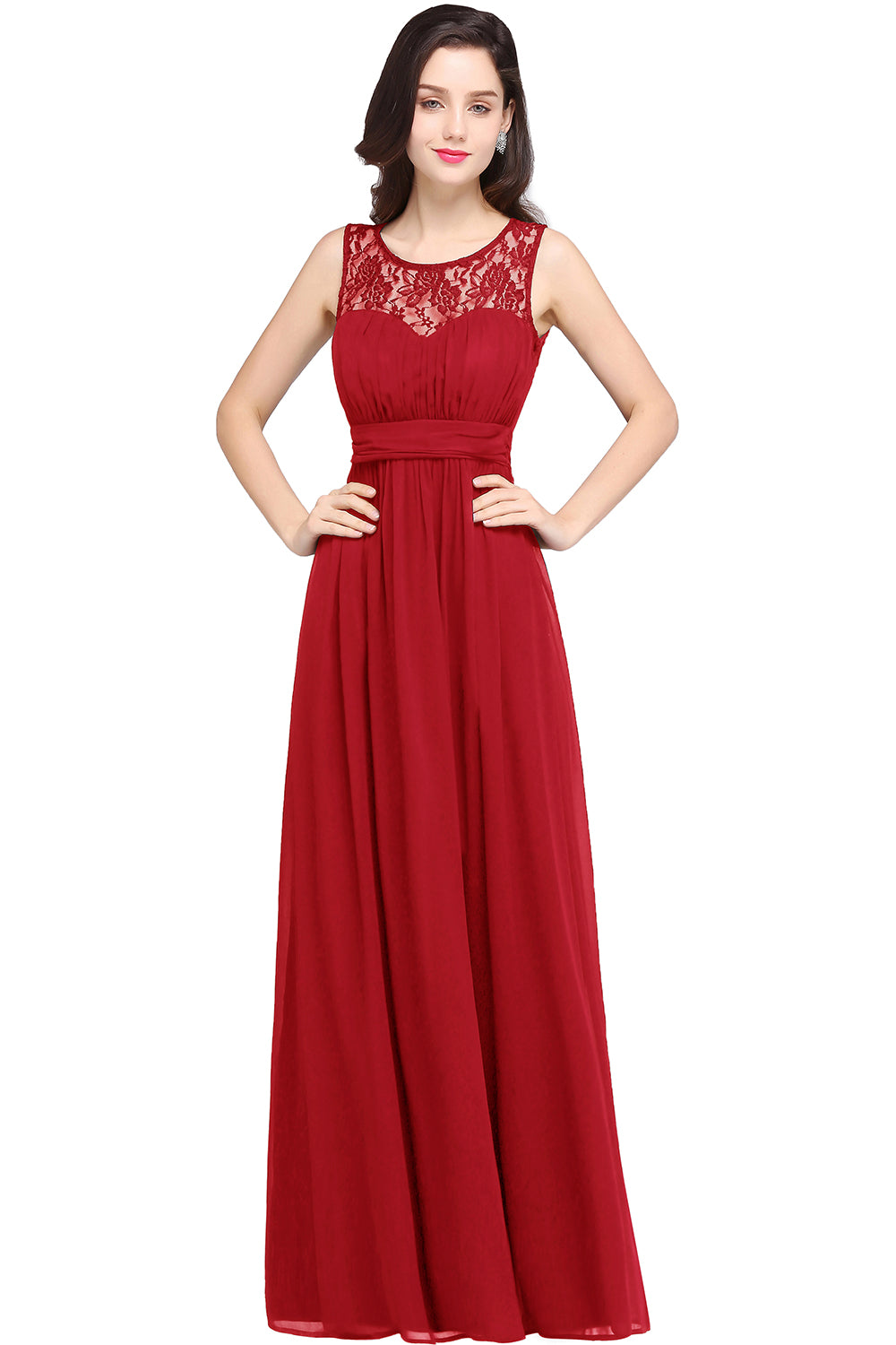 Elegant Long A Line Round Neck Chiffon Floor Length Formal Dresses