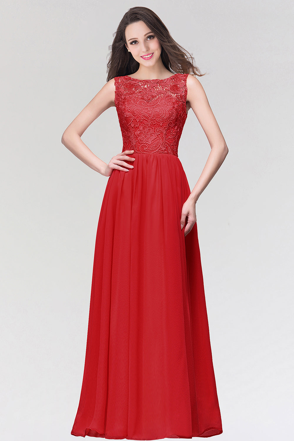 Stylish Long Chiffon Lace Sleeveless A Line Ruched Bridesmaid Dress