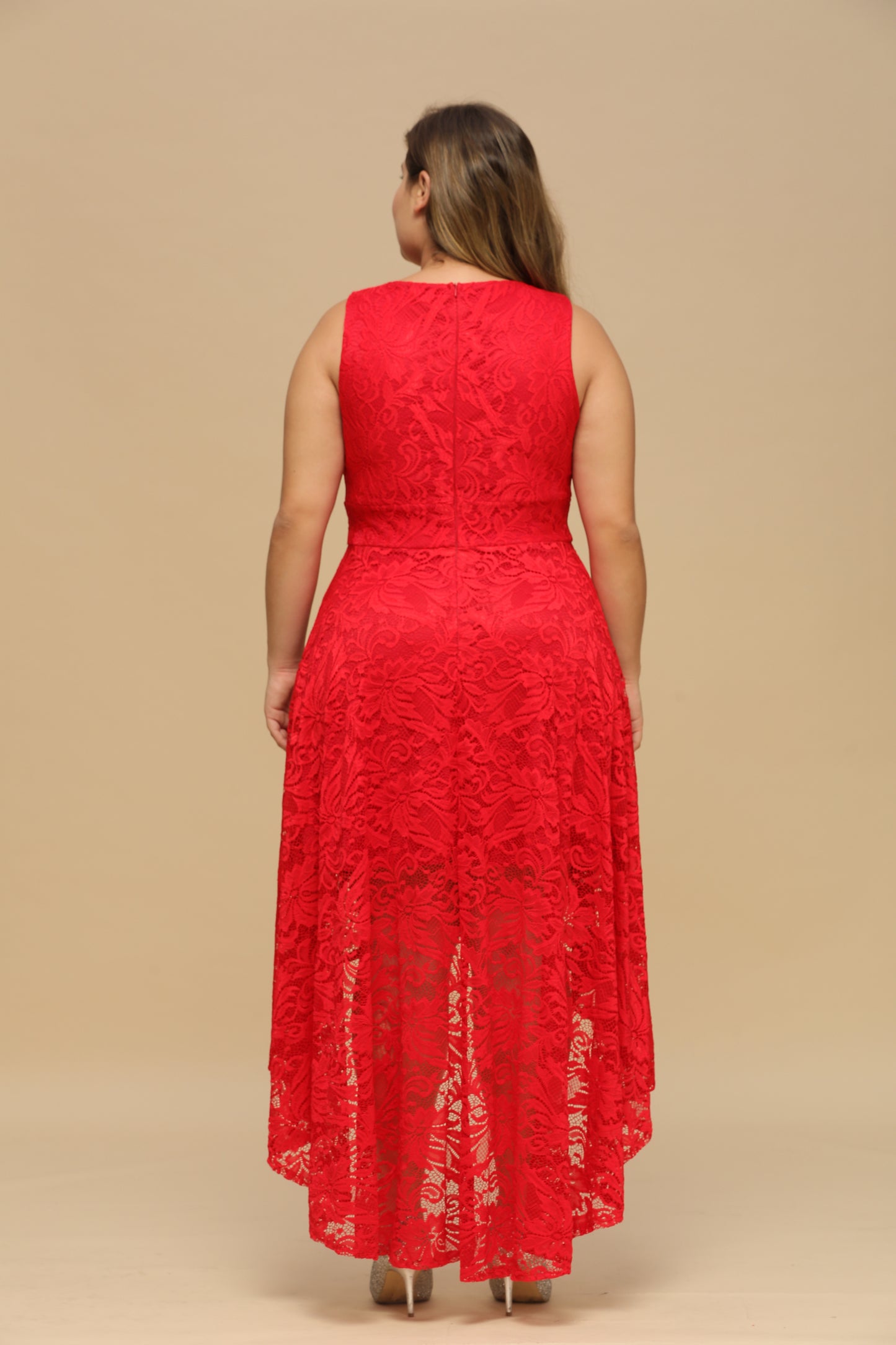 Simple High Low A line V neck Sleeveless Lace Formal Dress