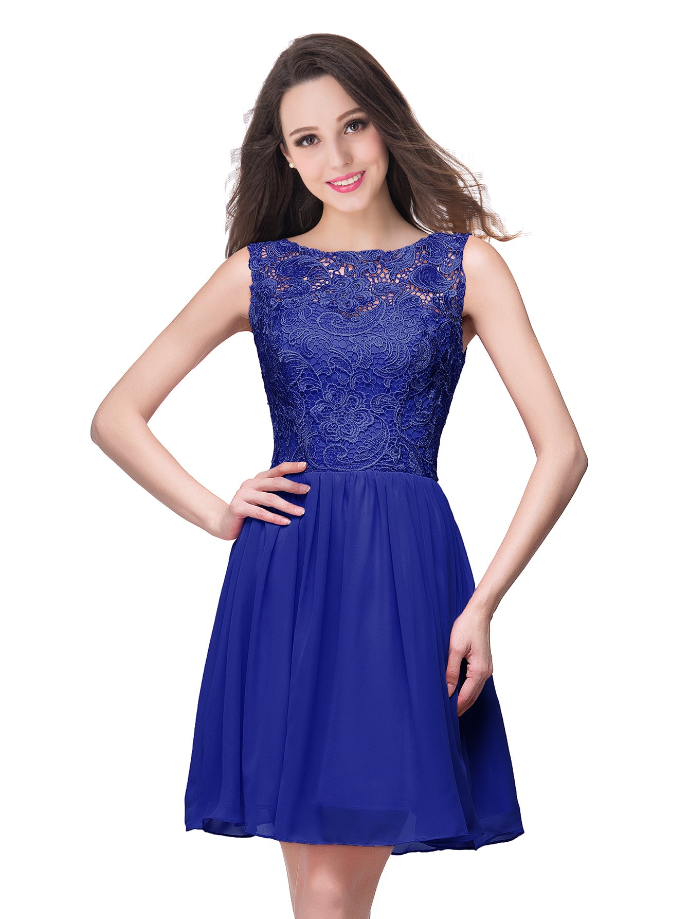 Simple Short A line Lace Sleeveless Chiffon Homecoming Dress