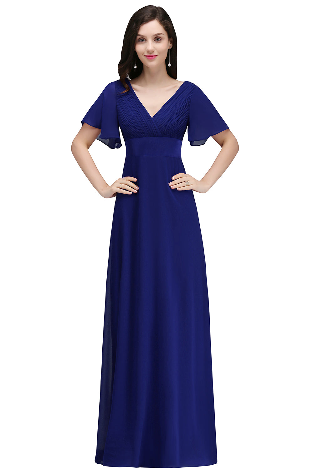 Elegant A Line Poet Sleeves Ruffle Chiffon V-Neck Long Bridesmaid Dress