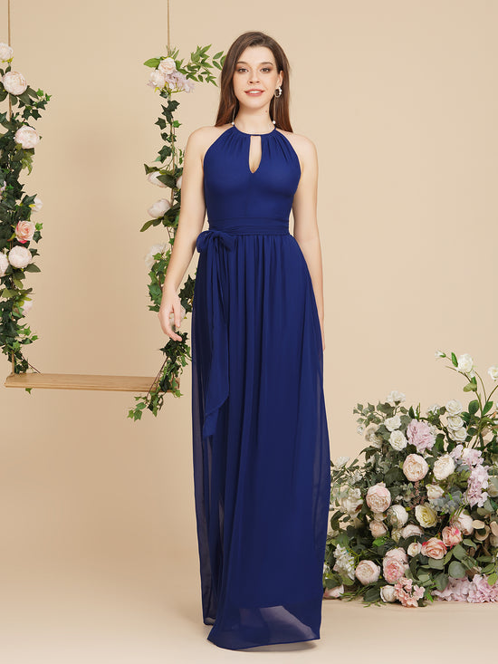 Long A line Halter Ruffle Floor Length Chiffon Bridesmaid Dress