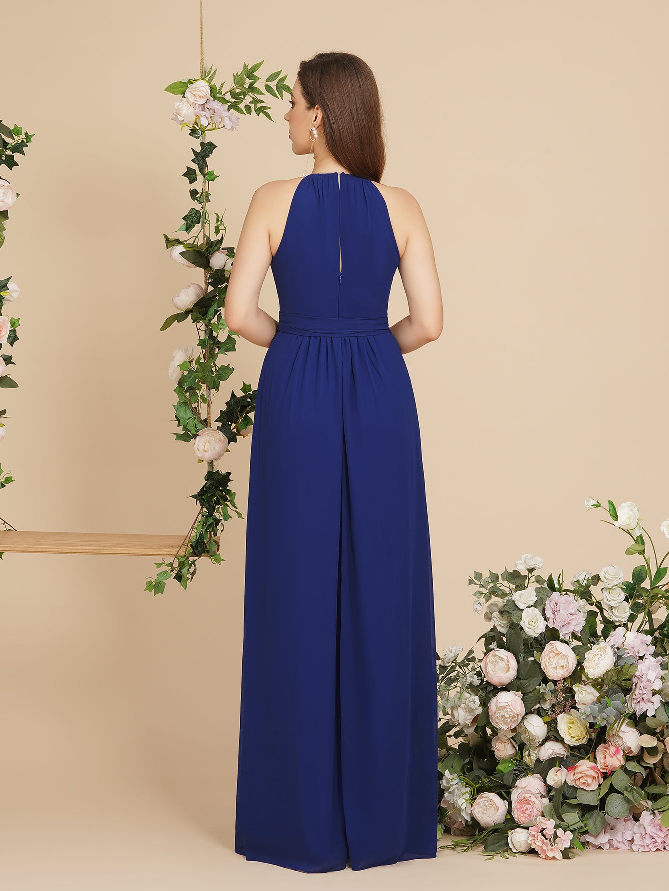 Long A line Halter Ruffle Floor Length Chiffon Bridesmaid Dress