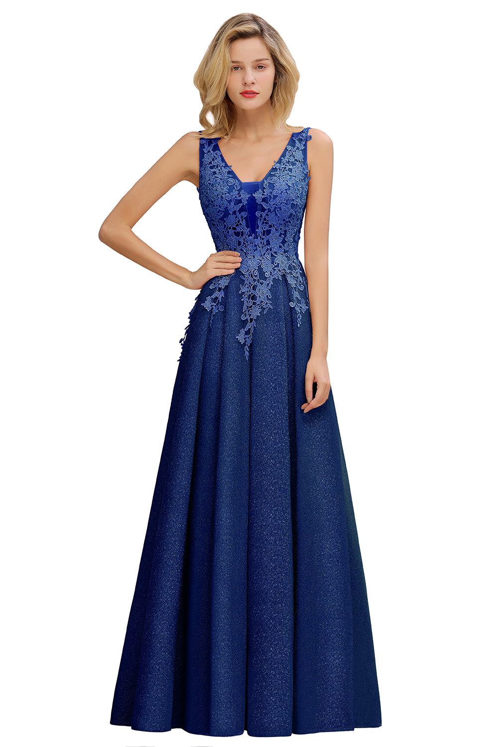 Elegant Long A Line V-Neck Sleeveless Tulle Lace Formal Dress with Appliques