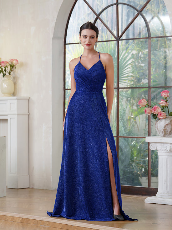 Elegant Long A-line V-Neck Halter Shiny Silk Prom Dress With Side Slit Party Dress with Pocket