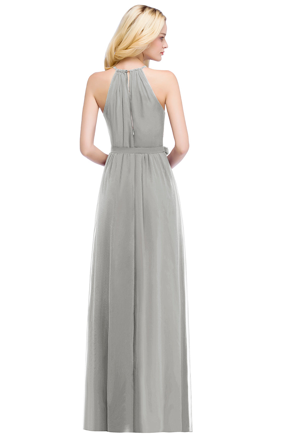 Long A line Halter Ruffle Floor Length Chiffon Bridesmaid Dress