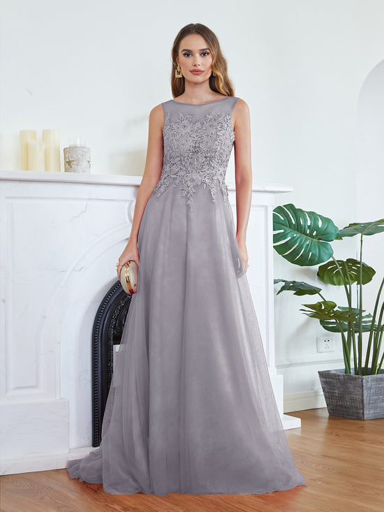 Round Neck Tulle A line Long Sleeveless Lace Appliques Bridesmaid Dress