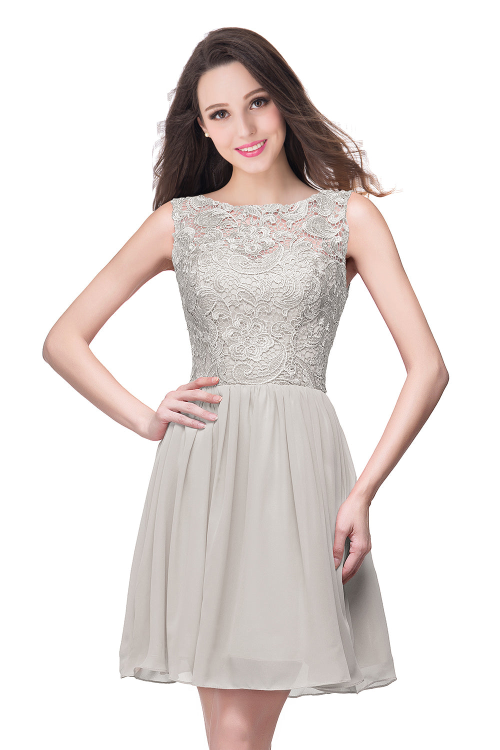 Simple Short A line Lace Sleeveless Chiffon Homecoming Dress