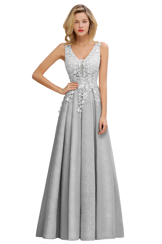 Elegant Long A Line V-Neck Sleeveless Tulle Lace Formal Dress with Appliques