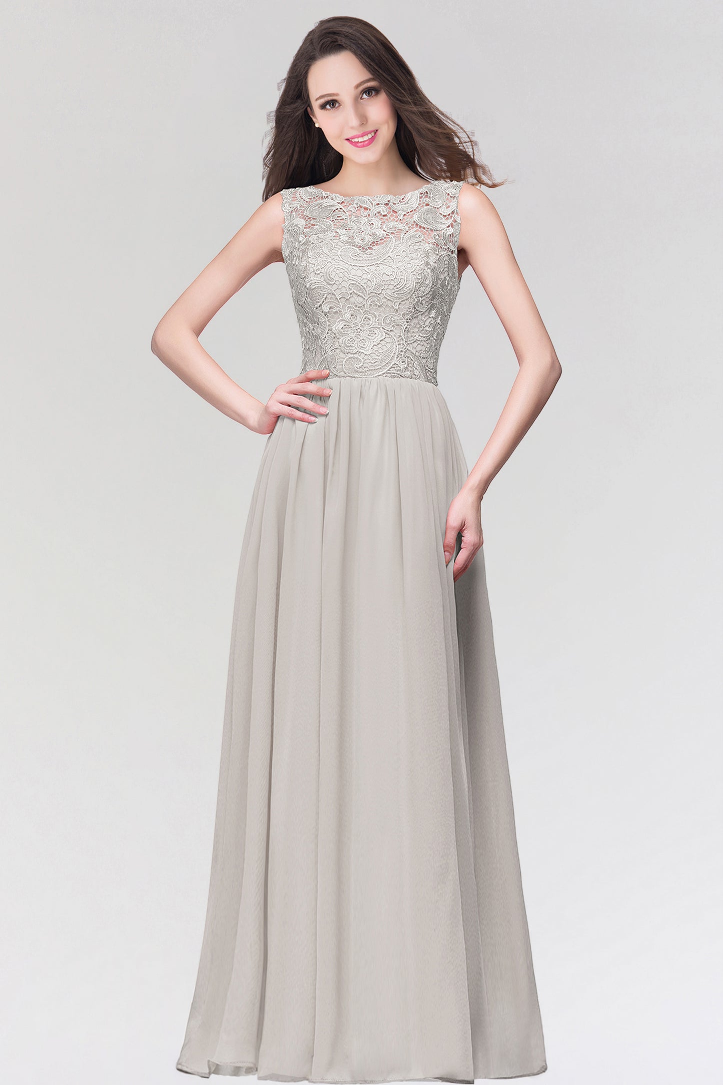 Stylish Long Chiffon Lace Sleeveless A Line Ruched Bridesmaid Dress