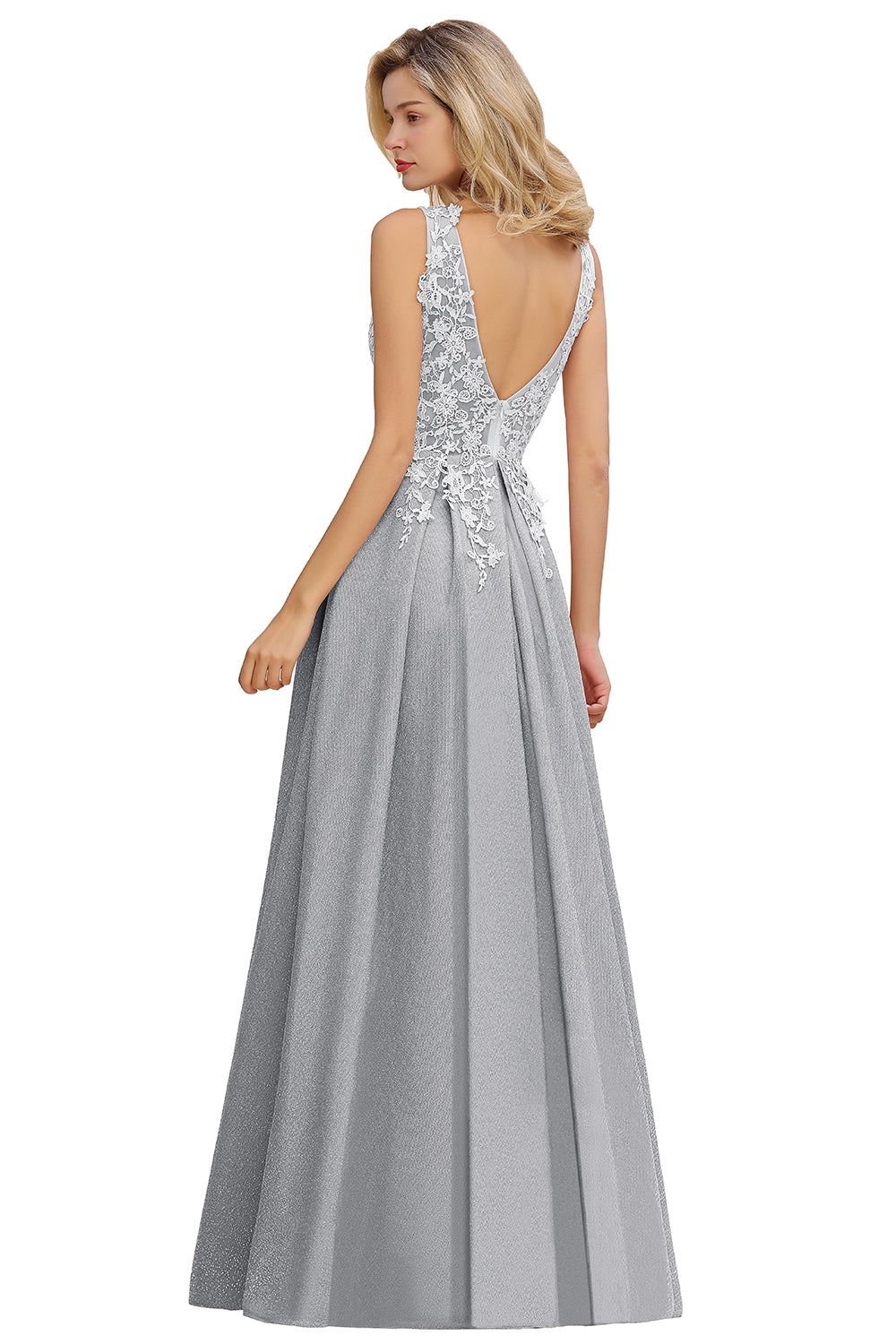 Elegant Long A Line V-Neck Sleeveless Tulle Lace Formal Dress with Appliques