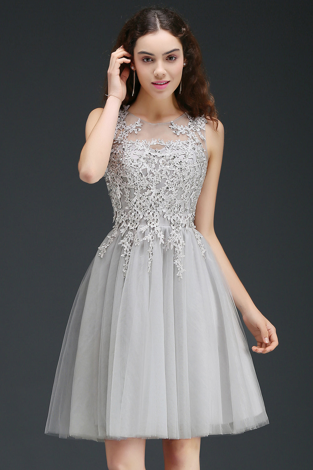 A line Round Neck Tulle Lace Mini Bridesmaid Dress with Appliques Lace