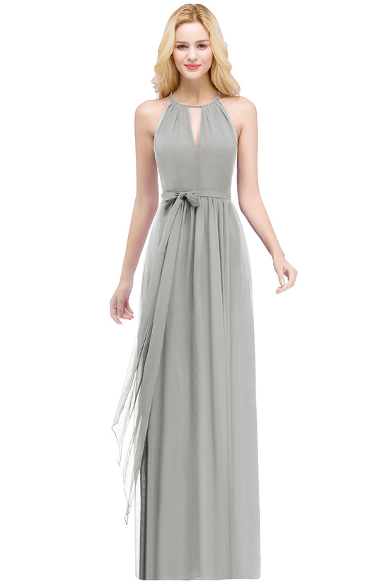 Long A line Halter Ruffle Floor Length Chiffon Bridesmaid Dress