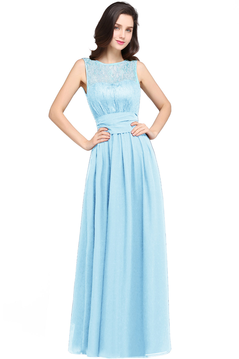 Off The Shoulder Round Neck Chiffon Long Bridesmaid Dress with Floral Lace and Ruffle