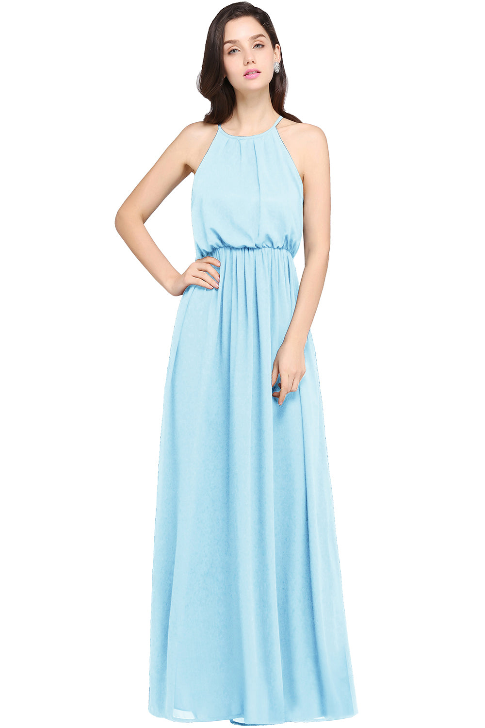 Casual Long A Line Halter Chiffon Floor Length Bridesmaid Dress