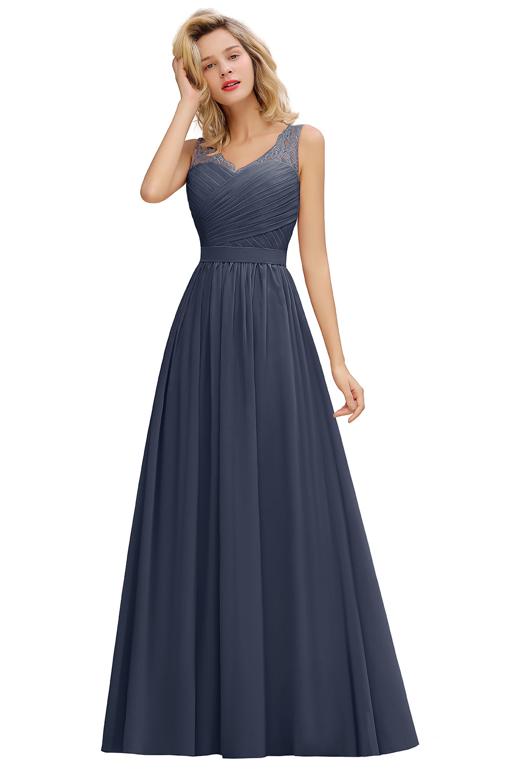 Elegant Long A line V-neck Ruffle Sleeveless Chiffon Bridesmaid Dress