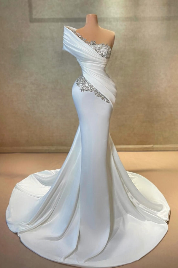 White Long One Shoulder Mermaid Lace Satin Prom Dress With Beads