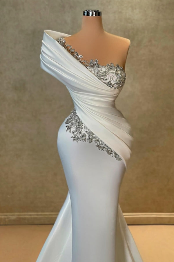 White Long One Shoulder Mermaid Lace Satin Prom Dress With Beads