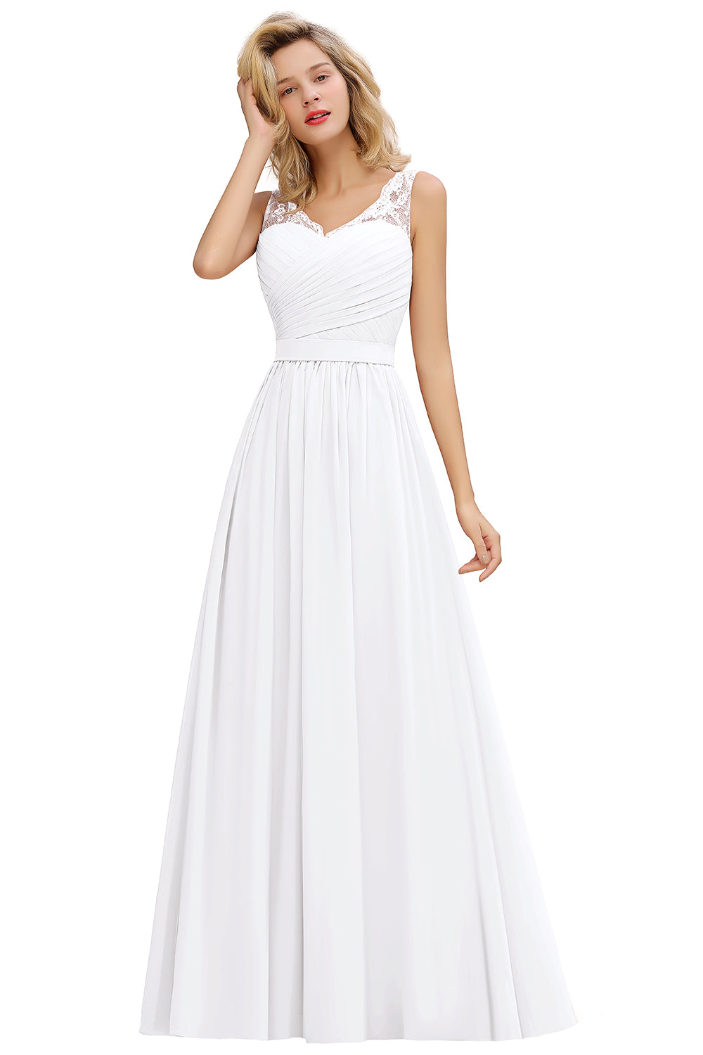 Elegant Long A line V-neck Ruffle Sleeveless Chiffon Bridesmaid Dress