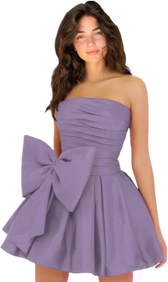 Chic Short Homecoming Dresses A-line Sleeveless Strapless Ruched Lace Up Party Dresses with Bow